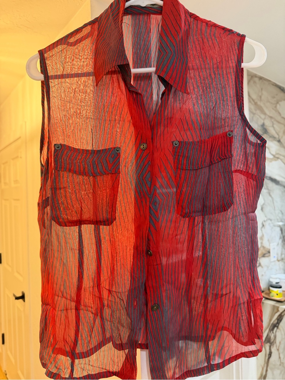 Italian silk/Sheer Red & Black Striped Sleeveless Button-Up Top